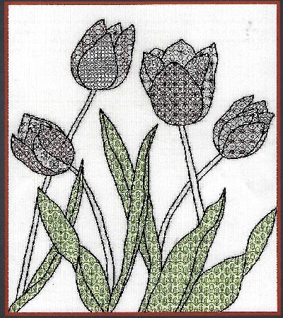 Bothy Threads - Blackwork - Tulips. This kit contains: 14 count white Zweigart Aida, stranded cottons and metallic threads, gold beads, needles, stitch diagram and instructions.  Finished size 28 by 32cm. This kit uses full cross stitches and back stitch.
