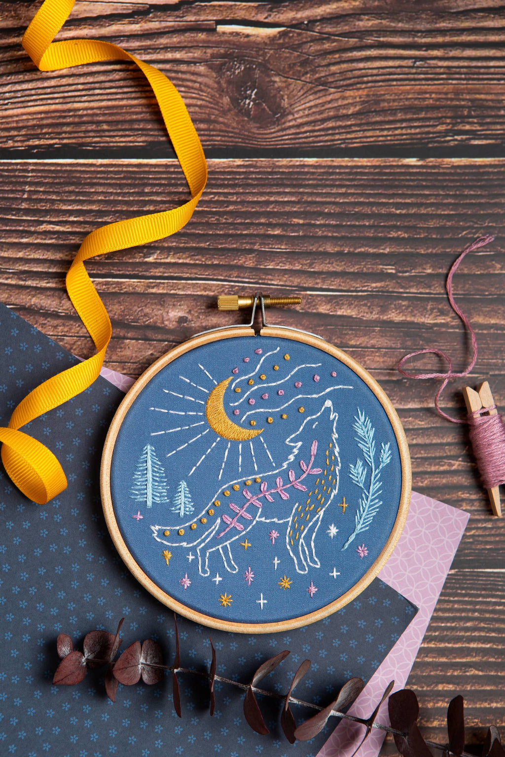 Celestial Wolf Mini Embroidery Kit | Complete Craft Kit for Beginners