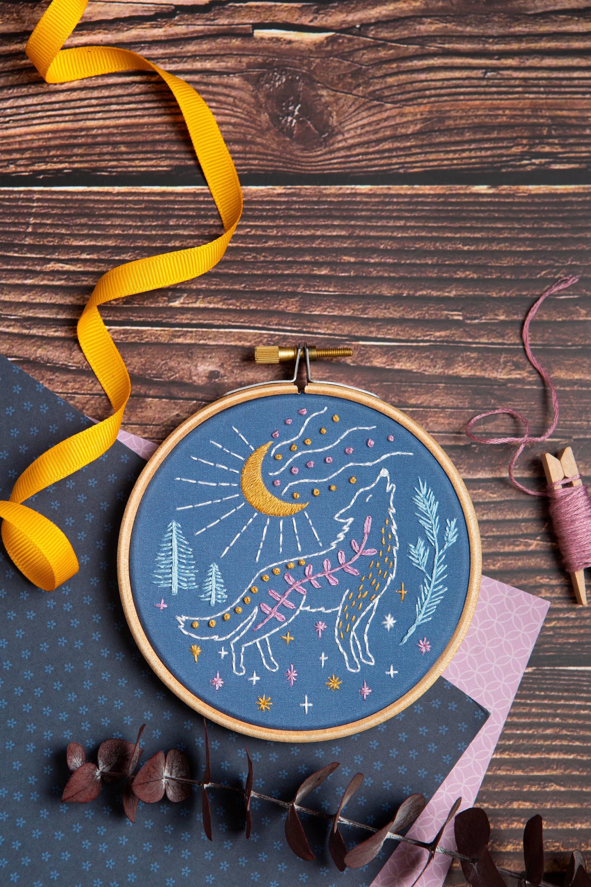 Celestial Wolf Mini Embroidery Kit | Complete Craft Kit for Beginners