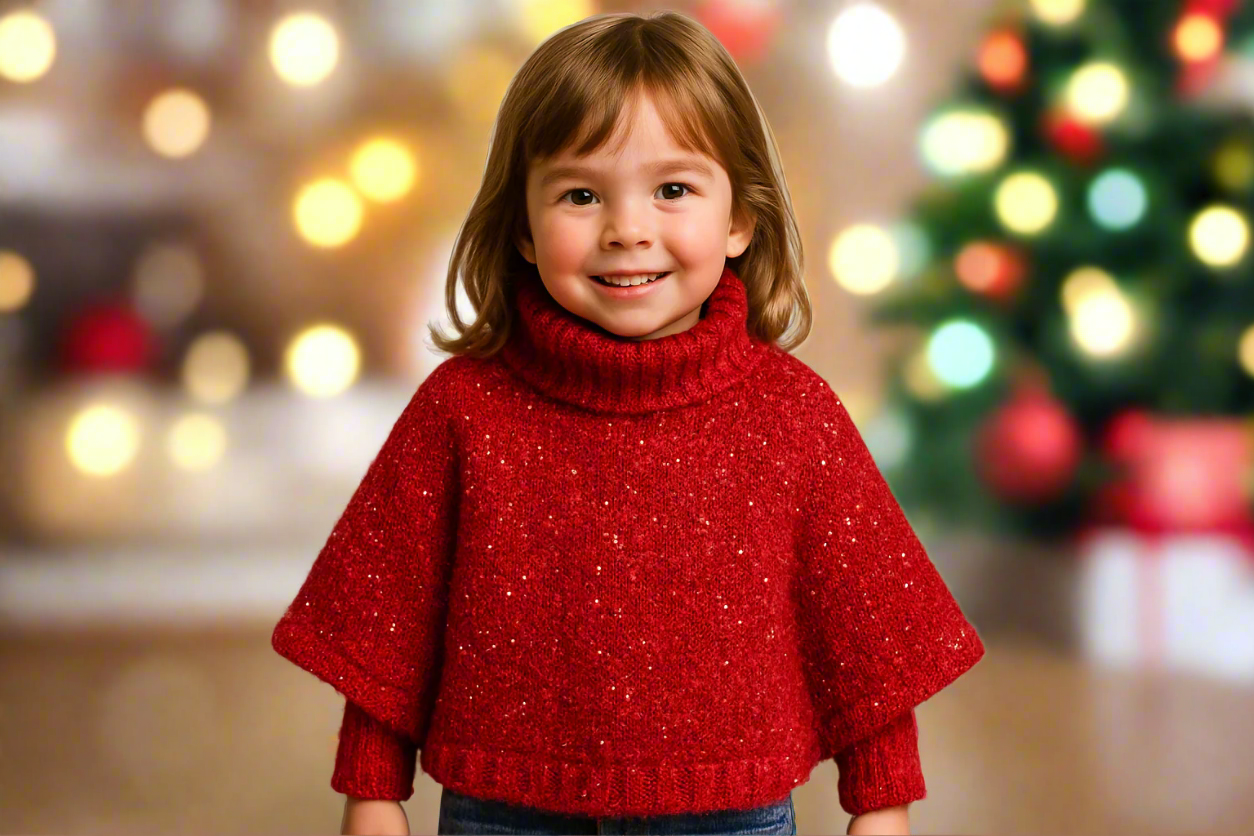 child wearing poncho made from red sparkle wool