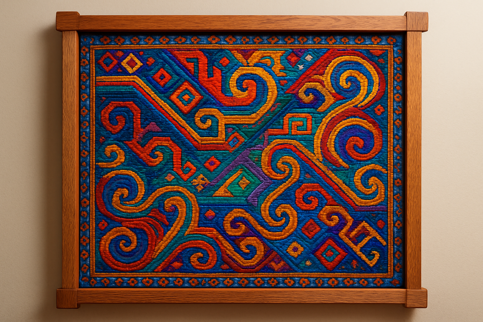 colourful tapestry on frame