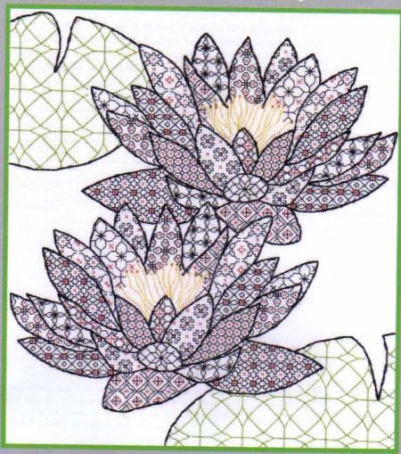 Bothy Threads - Blackwork - Water Lily. This kit contains: 14 count white Zweigart Aida, stranded cottons and metallic threads, gold beads, needles, stitch diagram and instructions.  Finished size 28 by 32cm. This kit uses full cross stitches and back stitch.