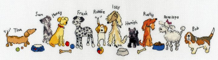 Bothy Threads row of dogs cross stitch with stranded cotton on aida with Lana thread uses French knots