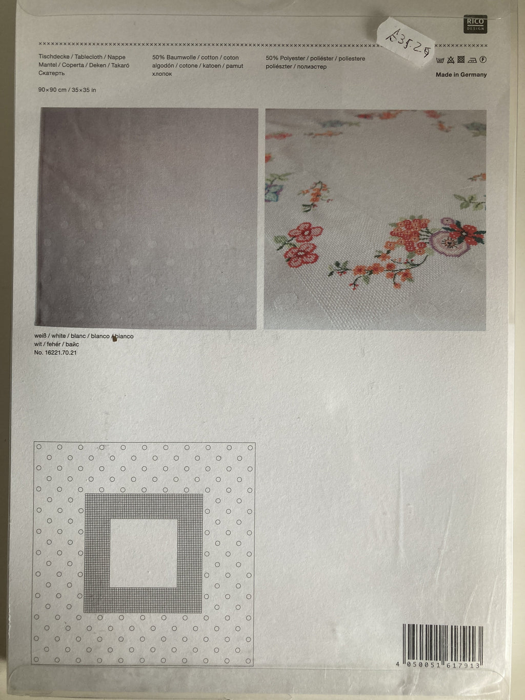 Tablecloth with Aida weave sections - large white dots pattern