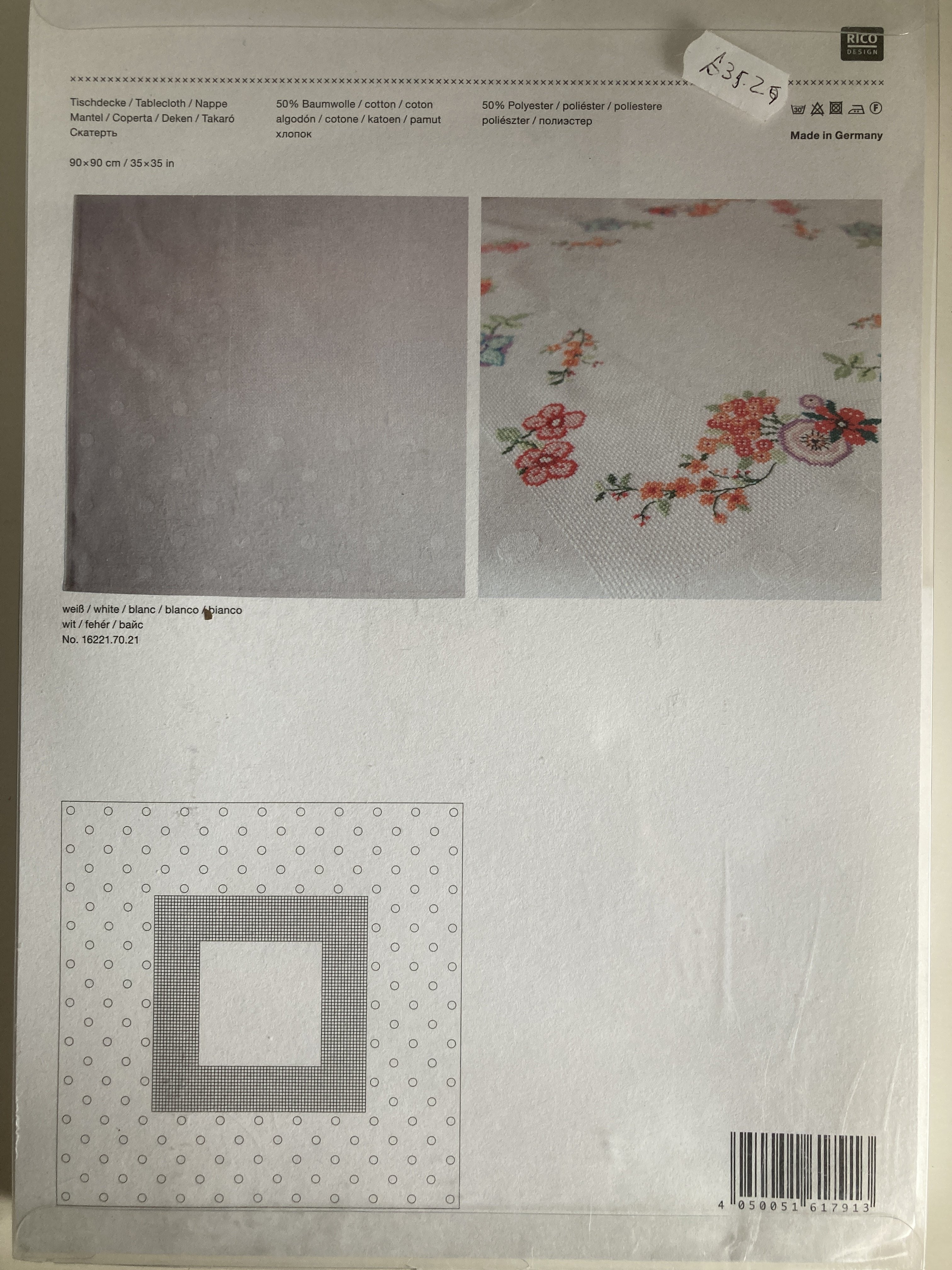 Tablecloth with Aida weave sections - large white dots pattern