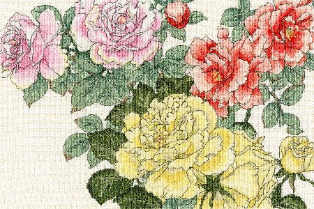 Bothy Threads - Blooms - Rose. One of a series of cross stitch kits developed from Japanese woodblock kits. The kit contains 14ct cream Zweigart Aida, pre-sorted stranded cottons, needle, stitch diagram and instructions.