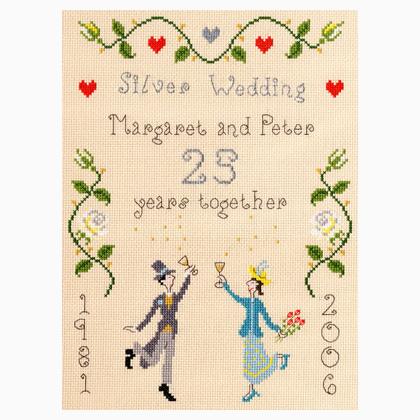 Bothy Threads SILVER WEDDING SAMPLER. 14ct ivory Aida, stranded cottons. including metallic; 23cm x 31cm size