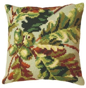 Fruit du Chene (Acorn) - Tapestry Cushion front from Collection D'Art. A Collection D’Art chunky tapestry cushion cover - gorgeous brightly coloured kits with everything for completing the panel. 