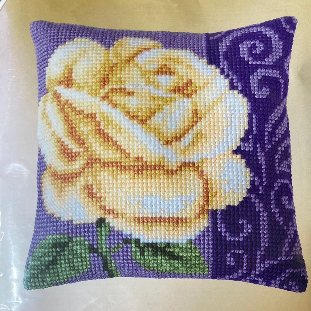 White Rose against Purple Background - tapestry / cross stitch cushion canvas from Vervaco