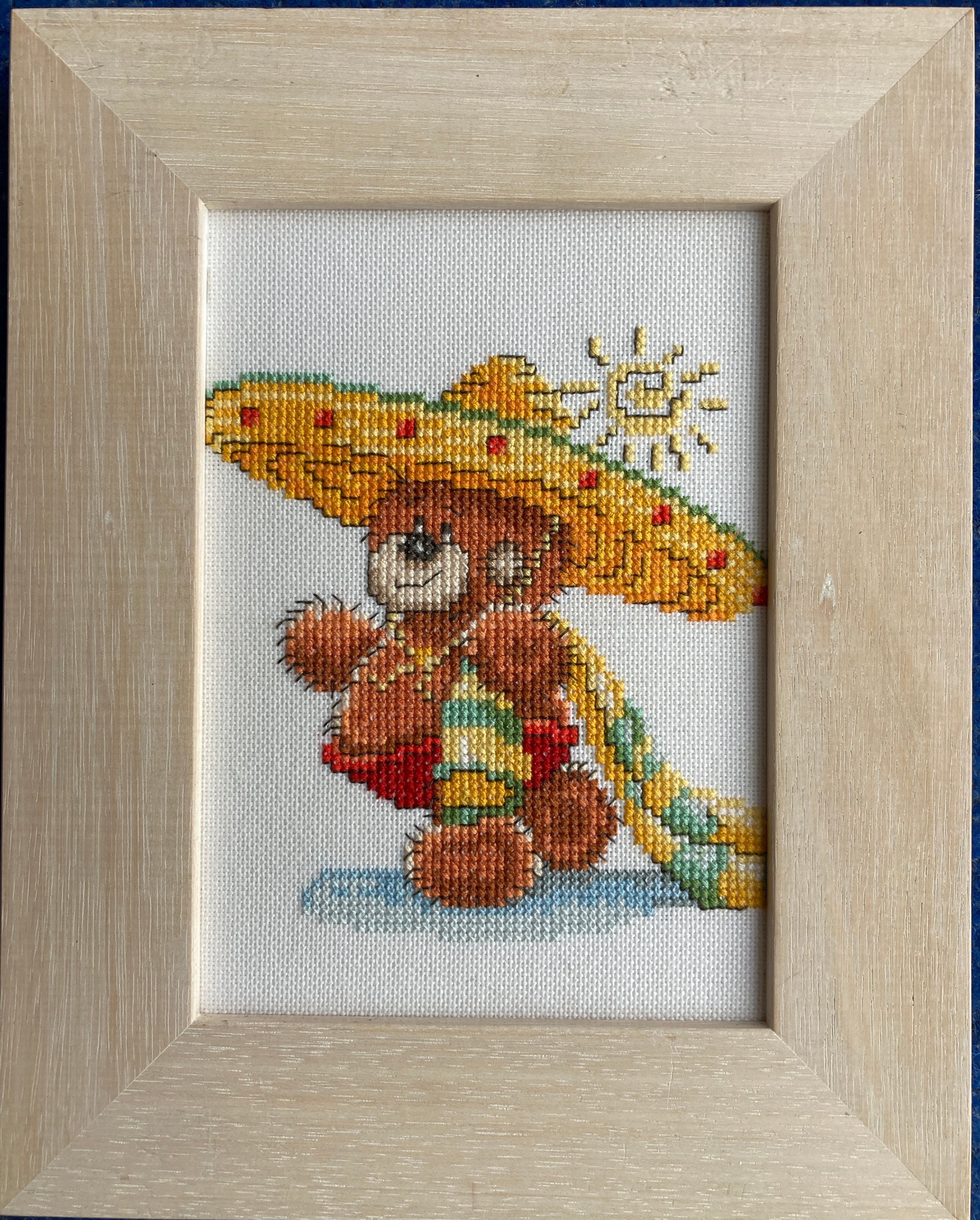 Framed Completed Cross-Stitch: Bollie the Bear series (LanArte) on Evenweave