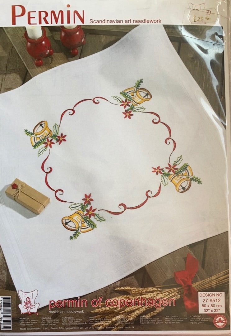 Bells & Ribbons Christmas Tablecloth - printed embroidery