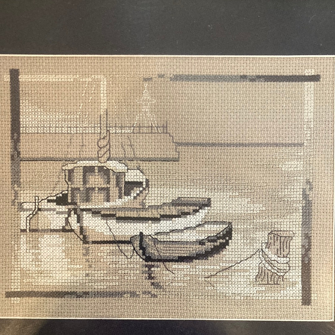 Sepia (Monochrome) Boat in Harbour - Scandinavian art needlework