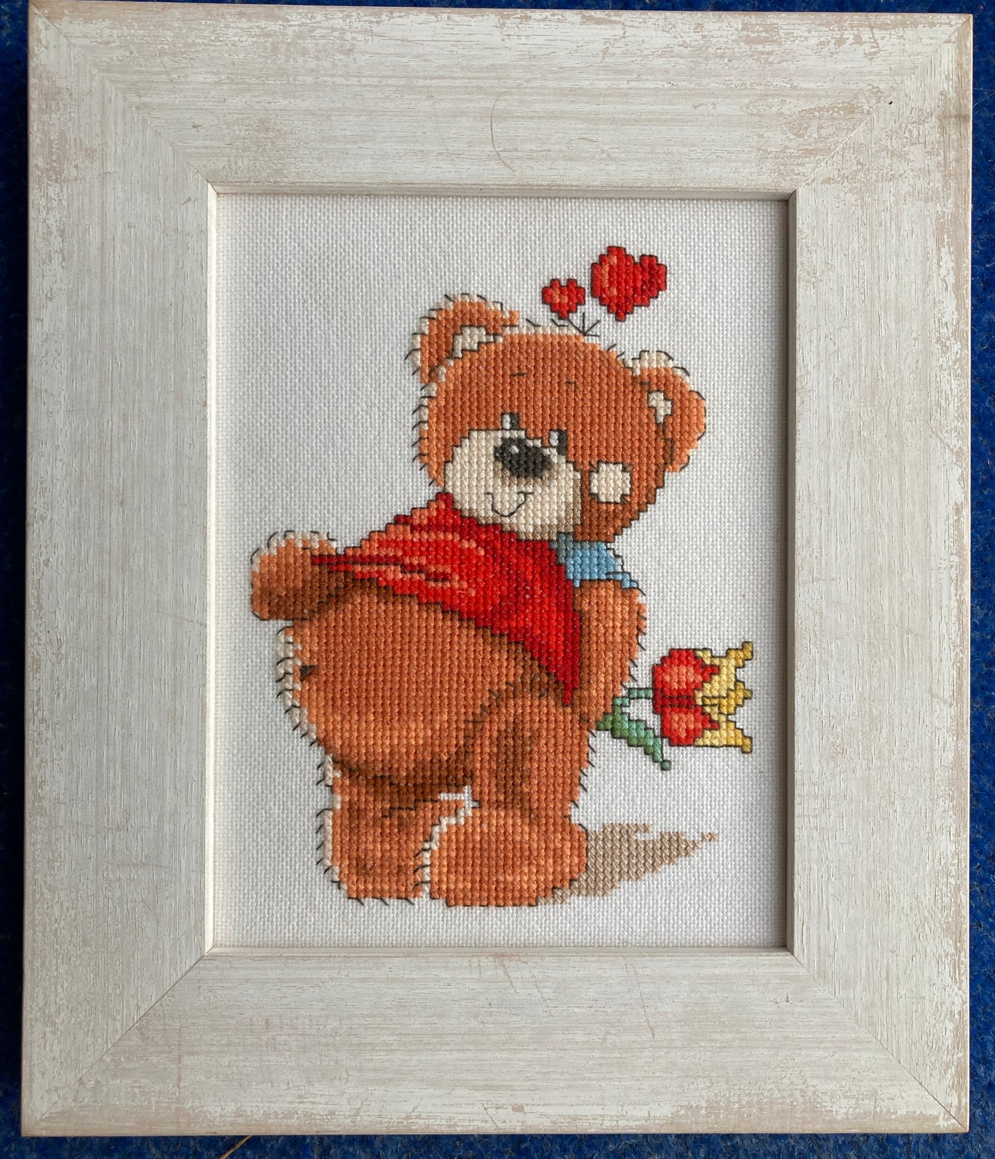 Framed Completed Cross-Stitch: Bollie the Bear series (LanArte) on Evenweave