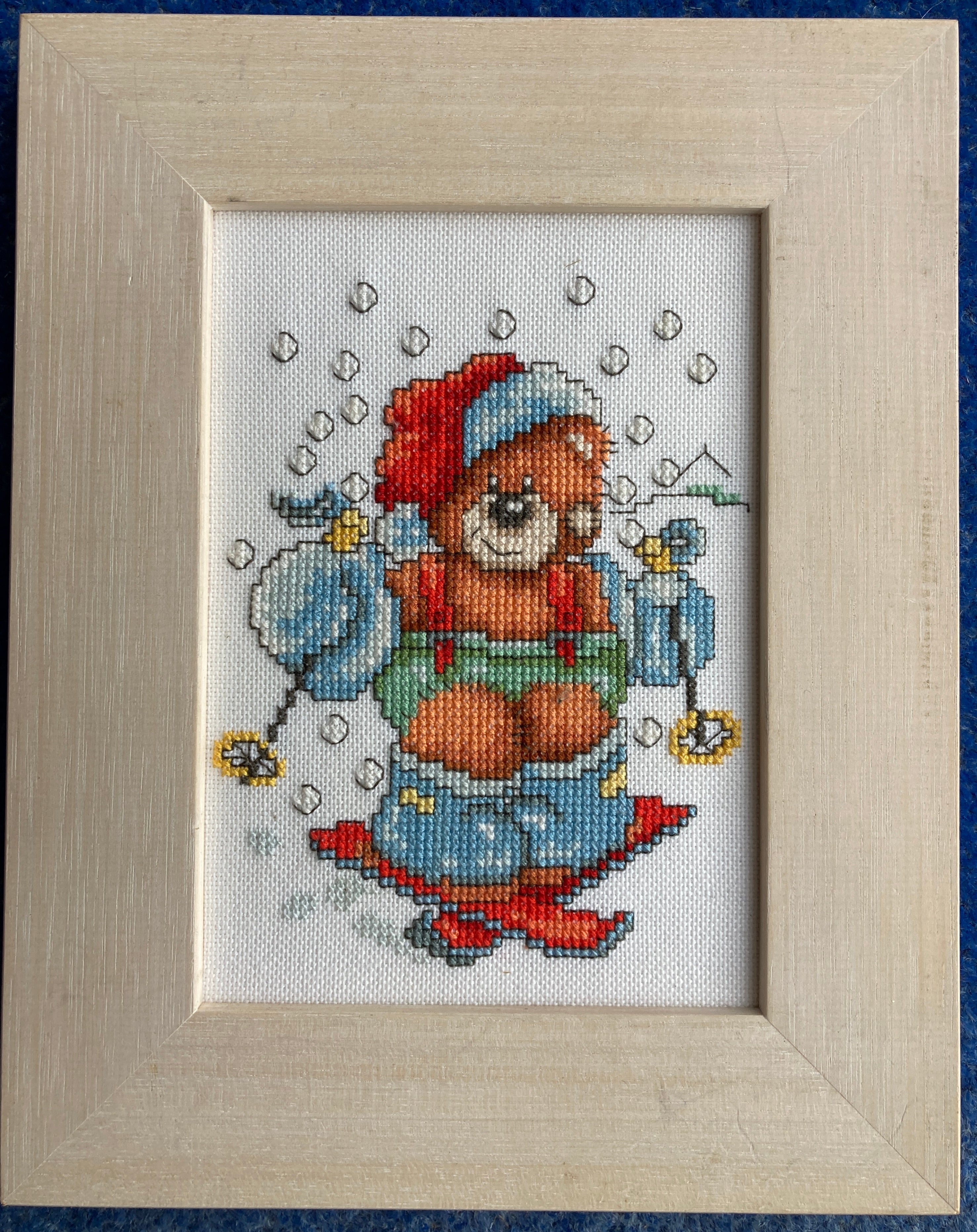 Framed Completed Cross-Stitch: Bollie the Bear series (LanArte) on Evenweave